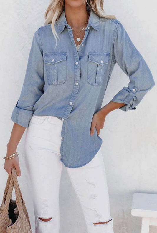 Everly Chambray Button Down Top